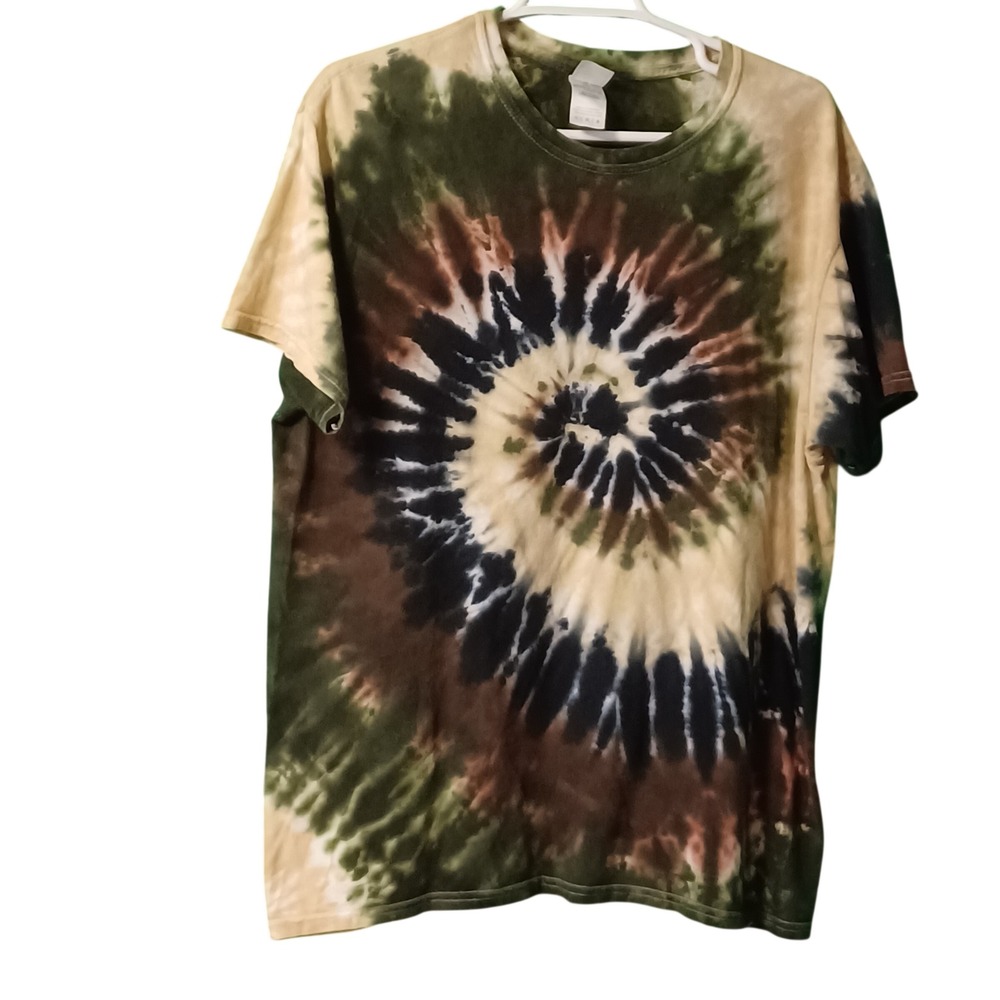 Colortone Mens Tie Dye Spiral T-Shirt Large Green Brown Earth Tone 100% Cotton